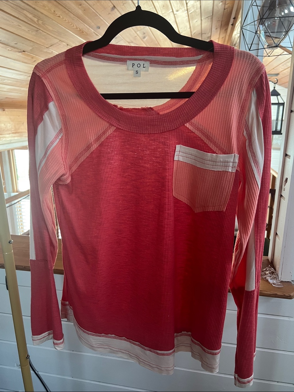 POL Colorblocked Ribbed Long-Sleeve Crewneck Top in Coral and Cream